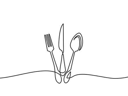 149904898 dessin continu d une ligne les fourchettes cuilleres assiettes a couteaux et tous les ustensiles de